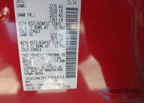 2015 Nissan Rogue Sv z USA, uszkodzony, nr VIN 5N1AT2ML7FC794851